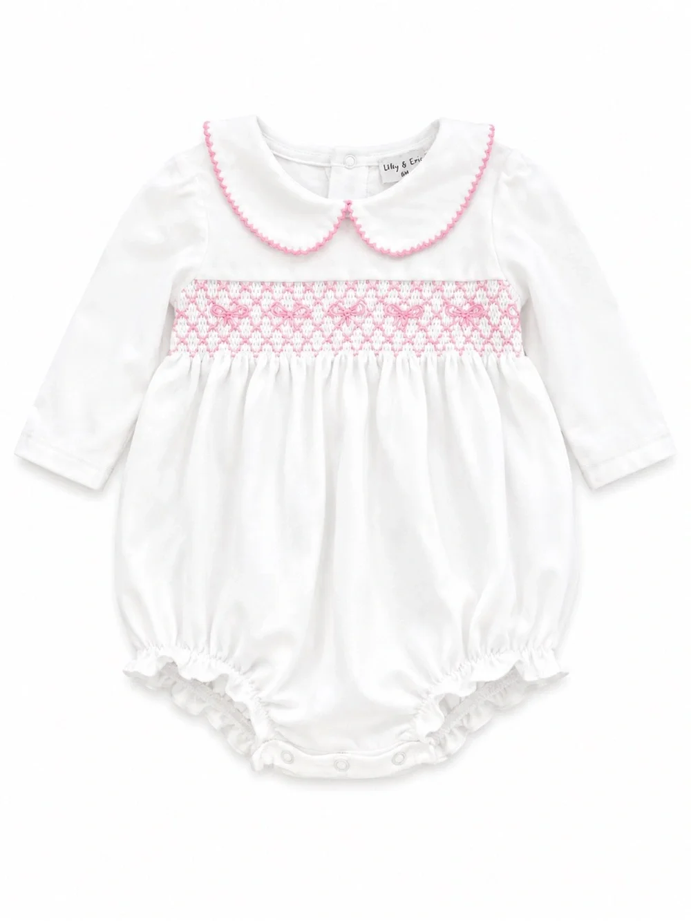 EUC Abby & Evie White Baby One-Piece Romper with Pink Smocking